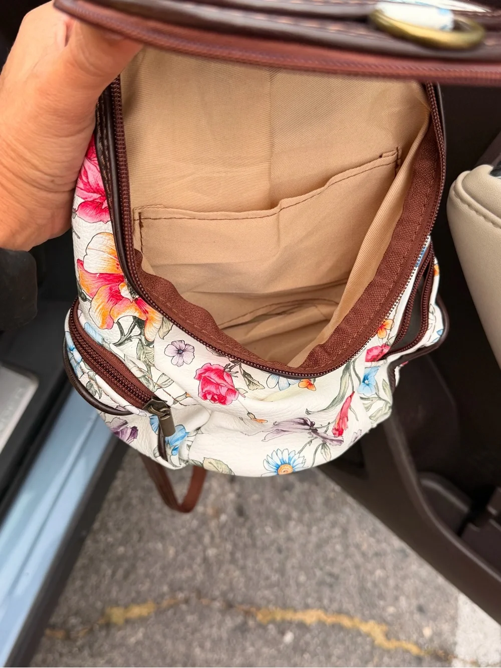 Floral Mini Backpack - White Floral with Brown Trim